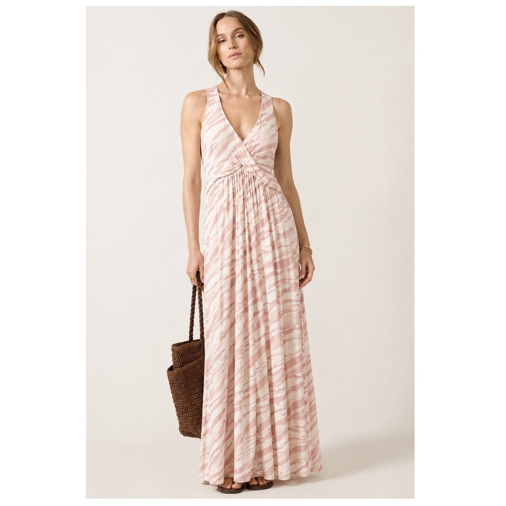 SOMA Zebra Print Surplice Wrap Front Maxi Dress Stretchy Jersey Knit Pink Sz L